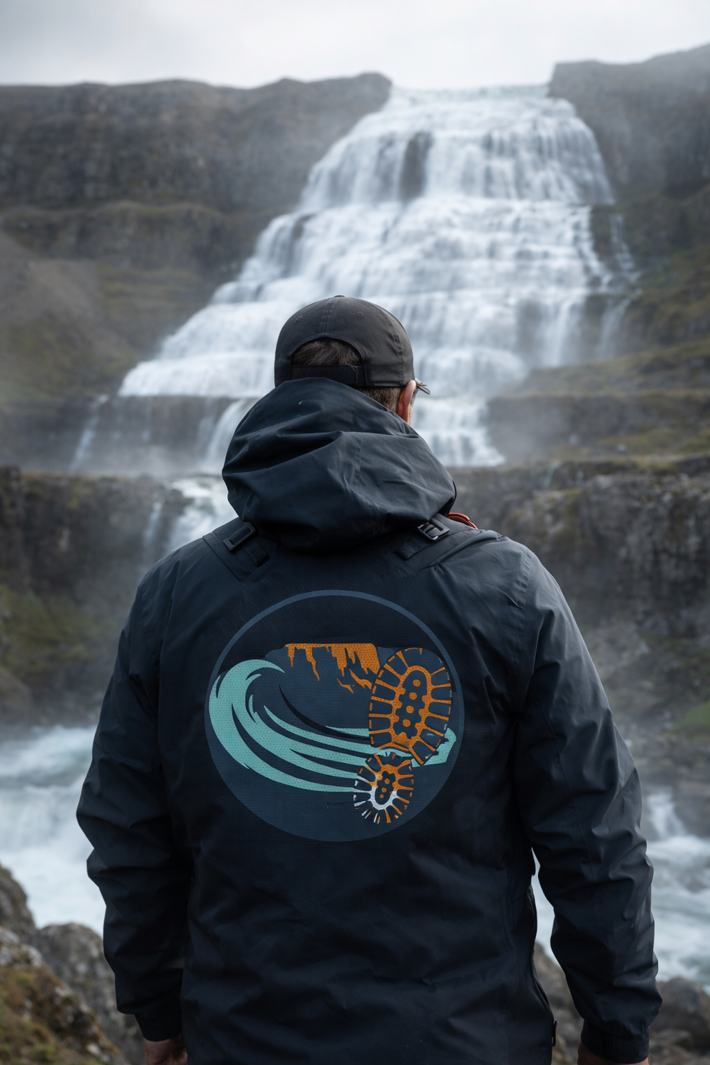 Person wearing a black jacket with an outdoor adventure logo, standing in front of a large cascading waterfall in a rugged landscape.