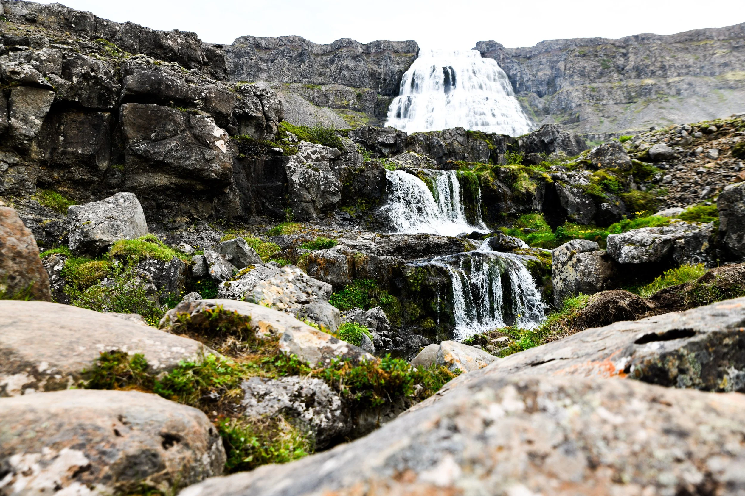 A landscape of a rocky terrain with a multi-tiered waterfall cascading down a mountain, surrounded by green moss and small plants.