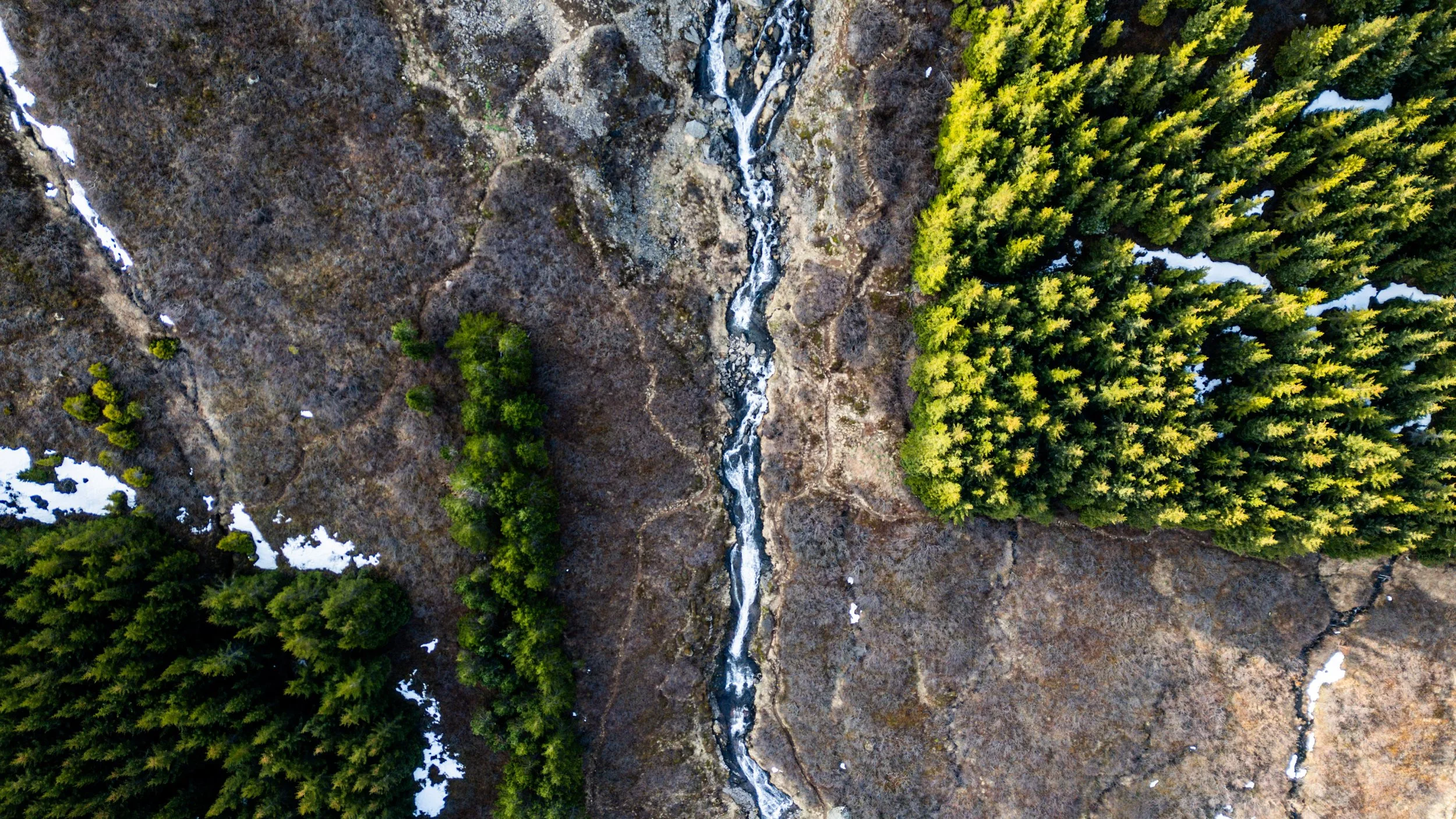 An aerial view of a narrow mountain stream flowing through rocky terrain, flanked by dense green pine trees with patches of snow on the ground.