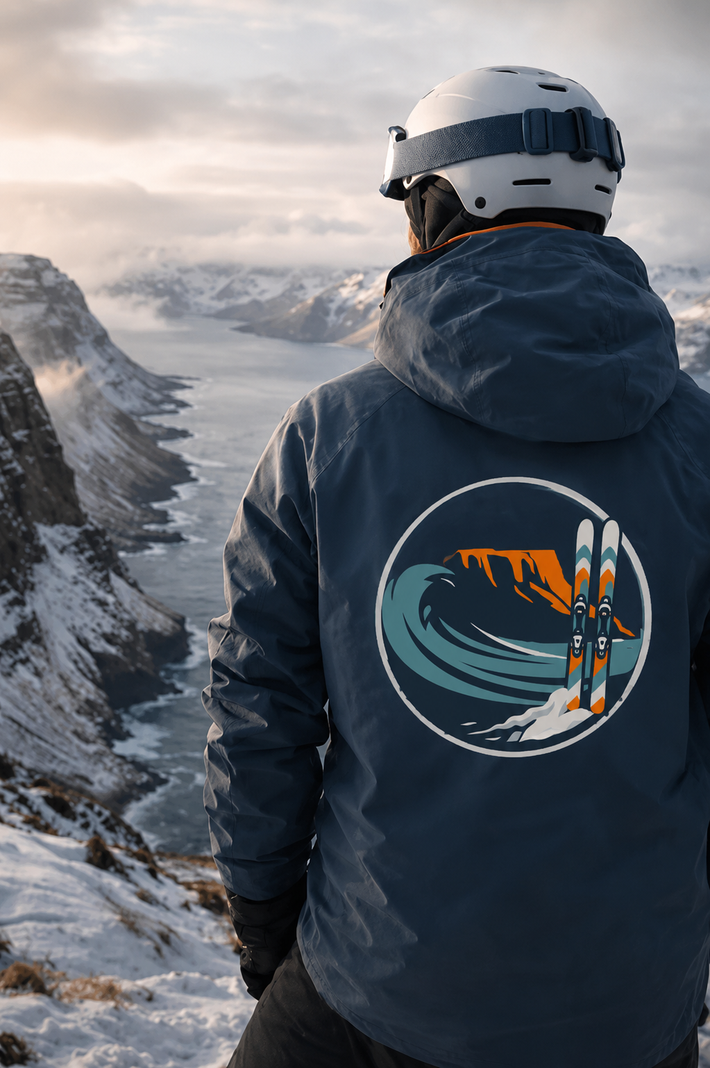 Person standing on snowy mountain overlooking a fjord with snow-capped mountains in the background, wearing a dark blue jacket with a graphic of skis and a mountain scene on the back and a white helmet.