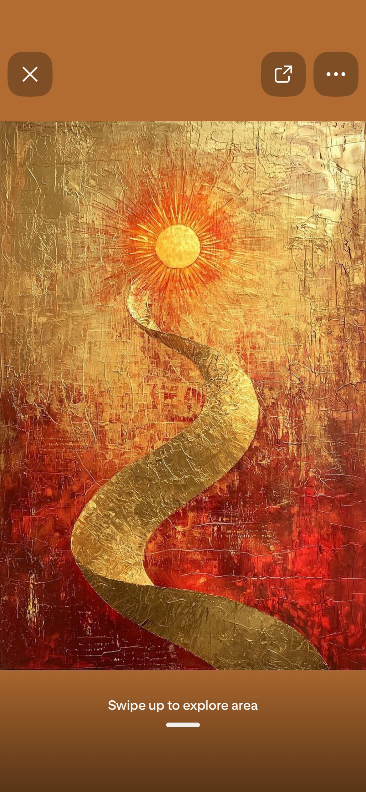 A textured, abstract painting featuring a winding gold path or river leading to a glowing sun in the upper center, with warm shades of gold, orange, and red.