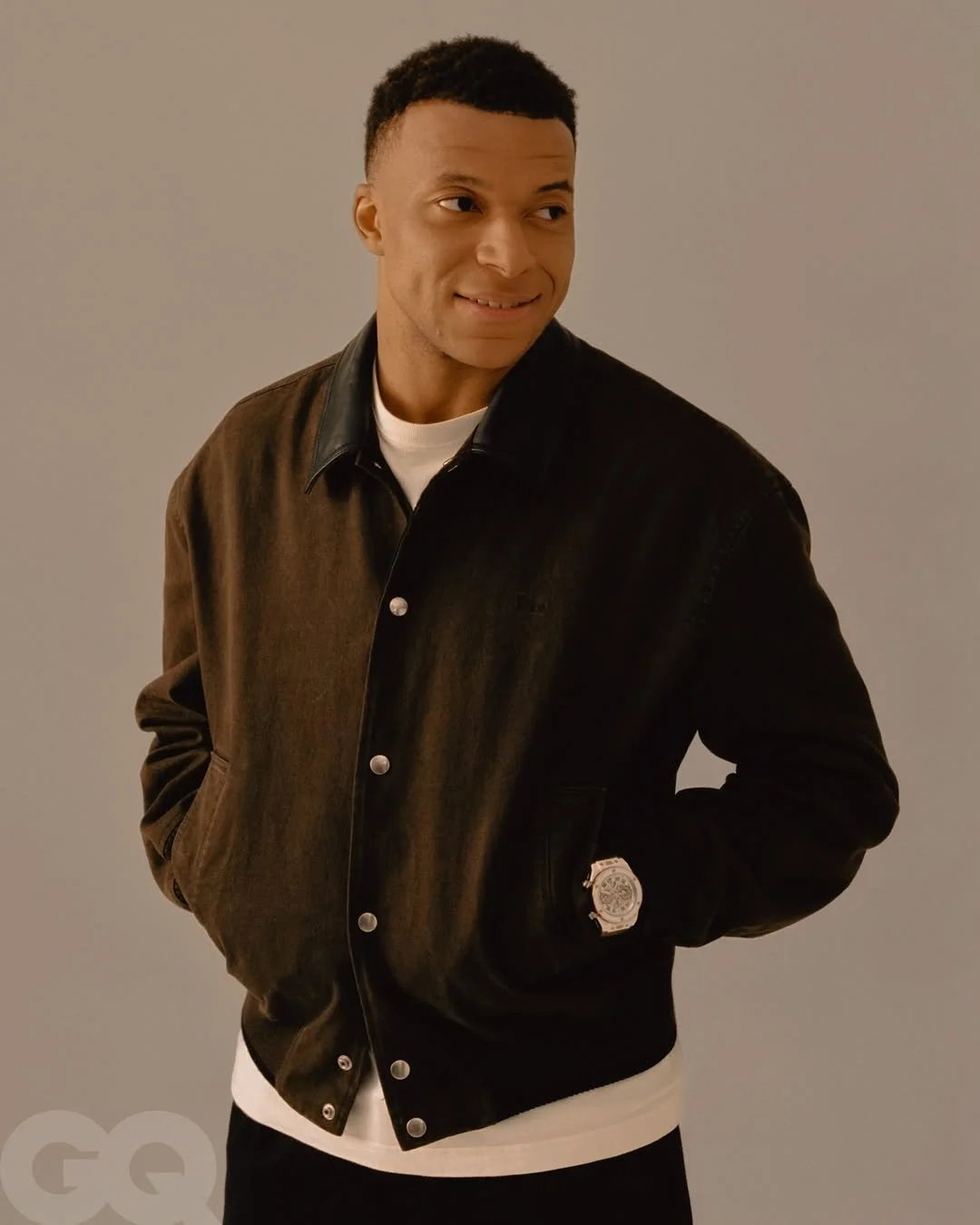 Kylian Mbappé Wears Dior Twill Jacket And Hublot Big Bang Timepiece for GQ Spain