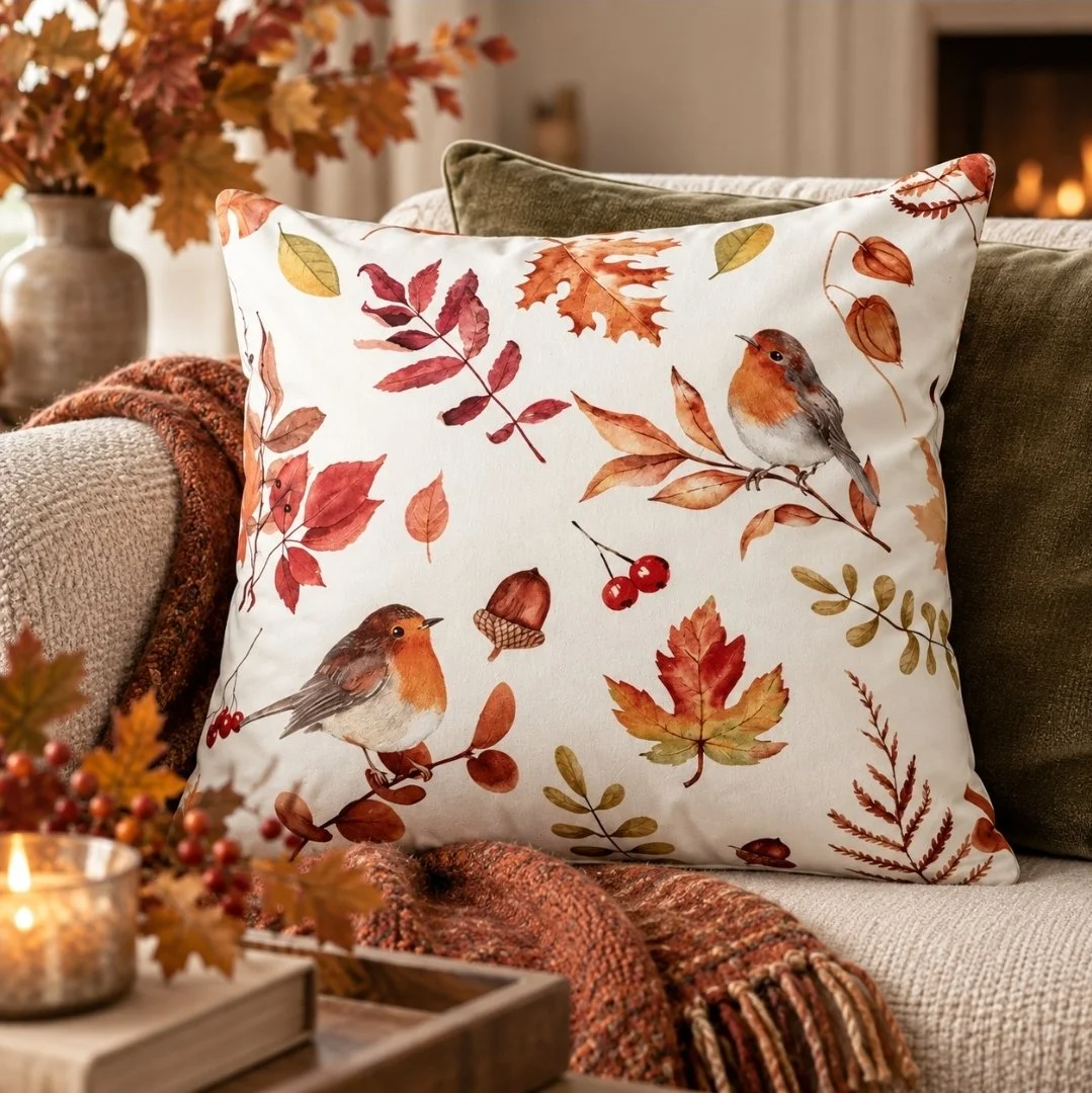 Autumn Robin & Leaves Cushion – 41cm