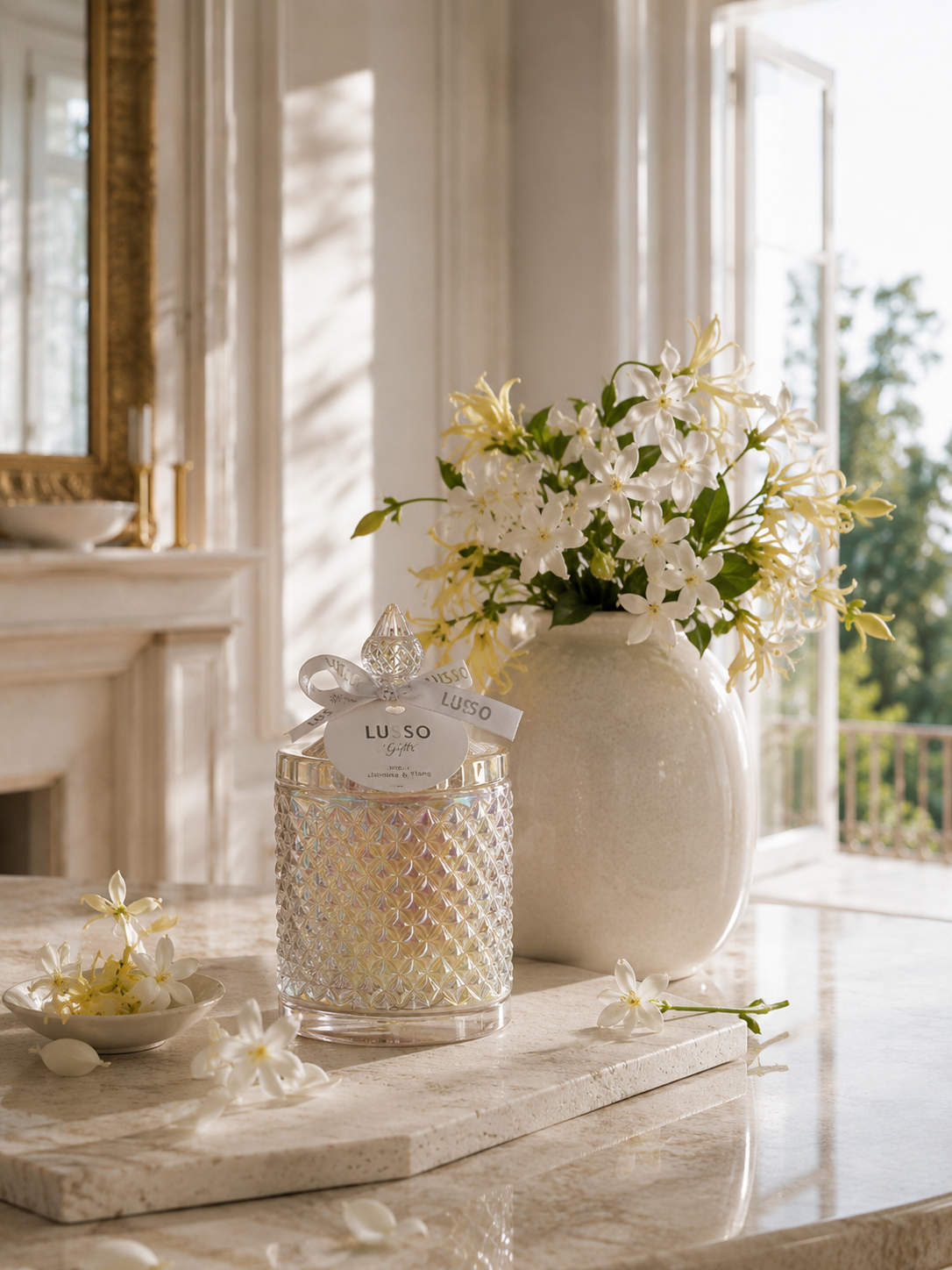 Luxury iridescent glass candle with a crystal lid displayed on a polished travertine tray beside a large cream ceramic vase filled with fresh white jasmine and ylang-inspired blooms. Soft morning sunlight streams through open French doors into an ele