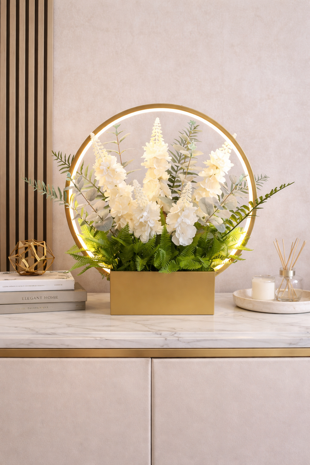 Gold Halo LED Lamp with White Floral Arrangement