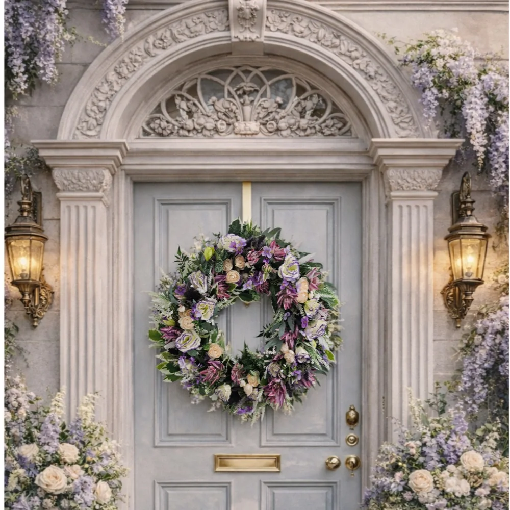 Decorative front door adorned with a floral wreath, flanked by vintage wall lanterns and surrounded by blooming flowers and greenery.