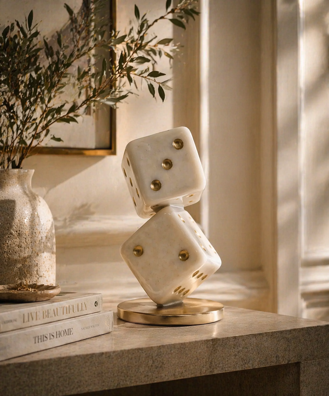 White & Gold Dice Ornament – Decorative Resin Sculpture