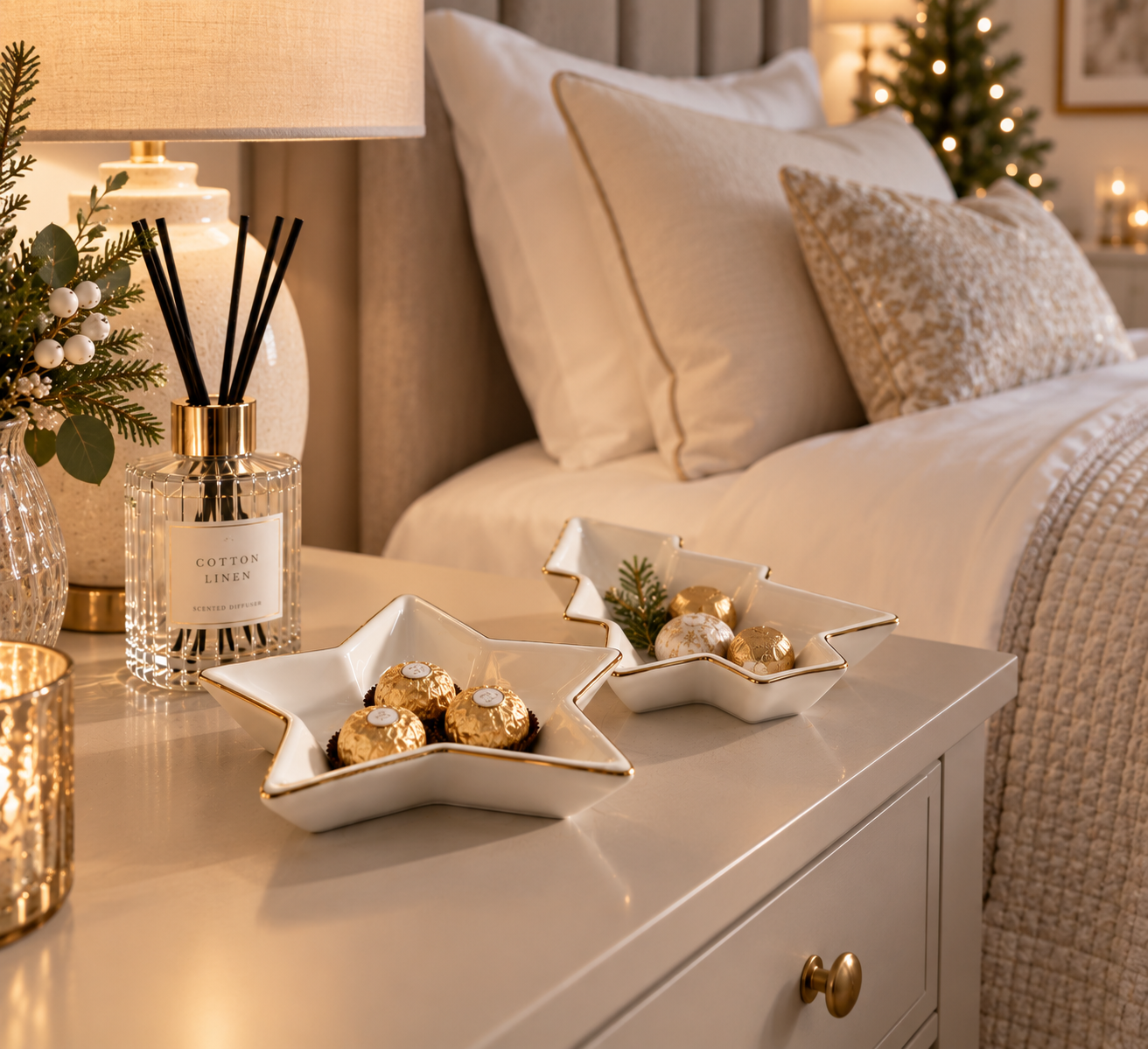 White & Gold Petite Christmas Trinket Dishes Set of 2 – Star & Tree