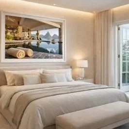 A cozy bedroom with a large bed, white bedding, and a window showing a scenic outdoor view.