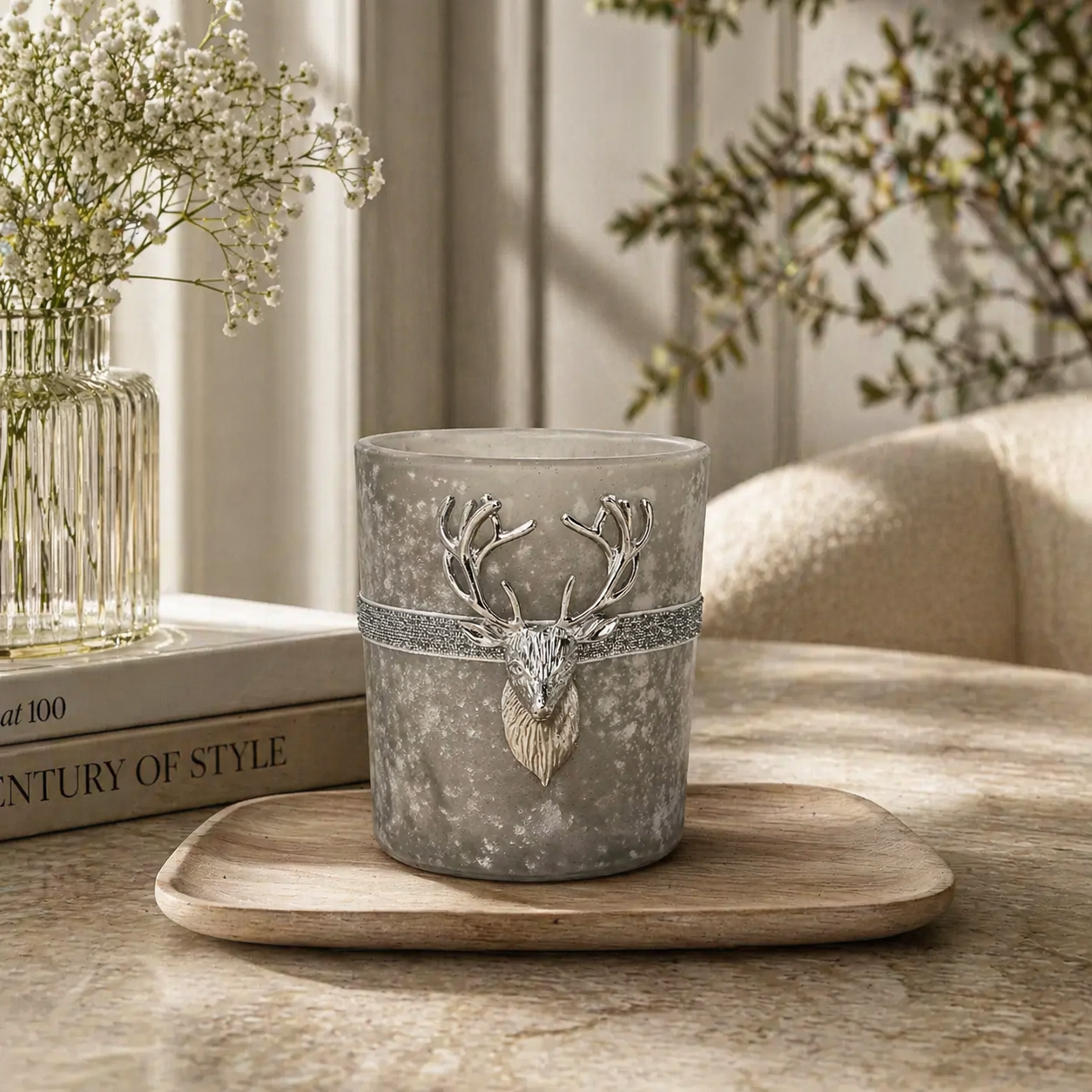 Frosted Glass and Metal Stag candle