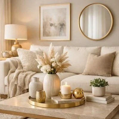 Decorative living room with beige sofa, neutral-toned pillows, wall art, round mirror, table lamp, and a coffee table with a vase of dried flowers, candles, and decorative objects.