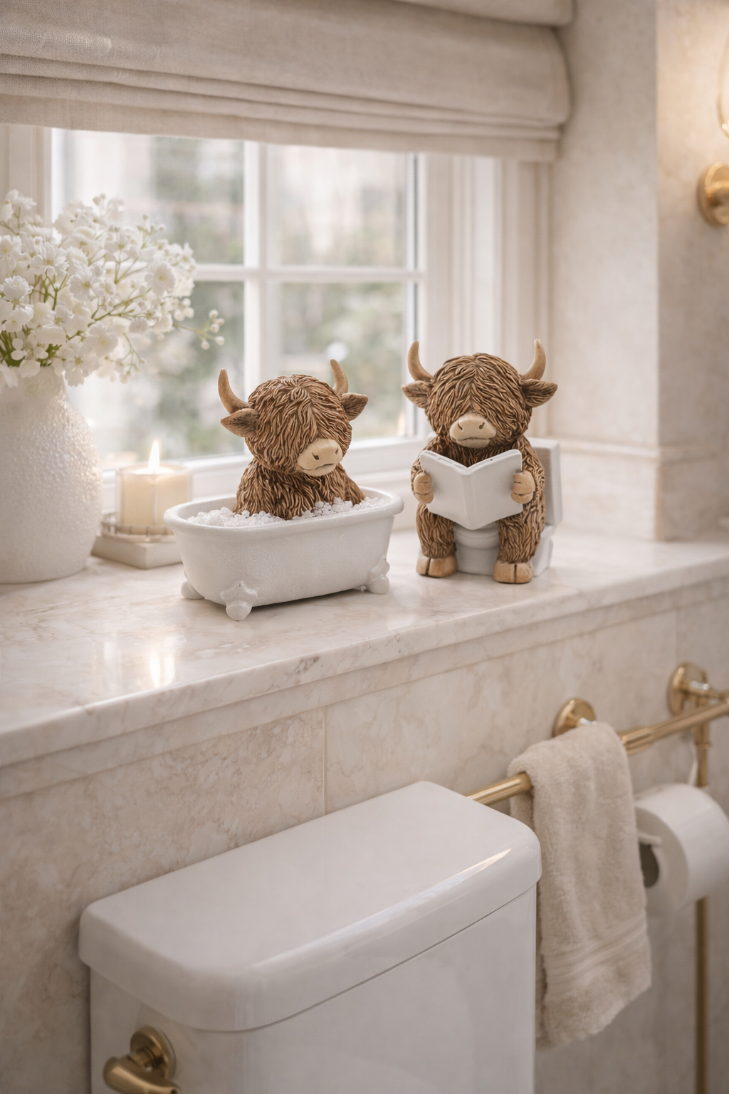 2-Piece funny Bathroom Highland Cow Figurine Set