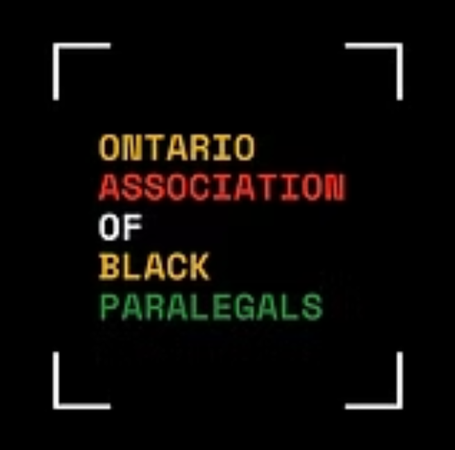 Text reading 'Ontario Association of Black Paralegals' with each word in a different color: yellow, red, white, yellow, green, on a black background.
