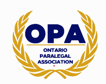 Logo of the Ontario Paralegal Association (OPA) with gold laurel branches and dark blue text.