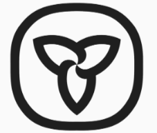 The Official Logo for the Province of Ontario; Black and white icon of a triple interlocking circle design inside a rounded square