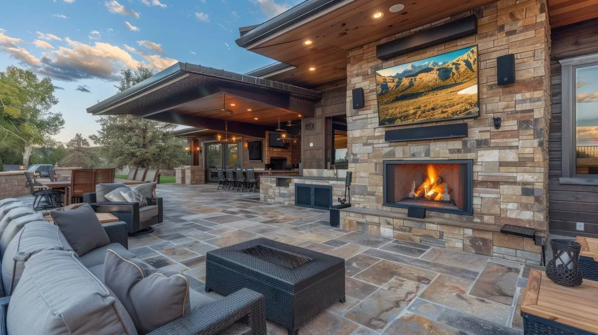 Covered flagstone patio with a stacked-stone outdoor fireplace, mounted TV and lounge seating at dusk