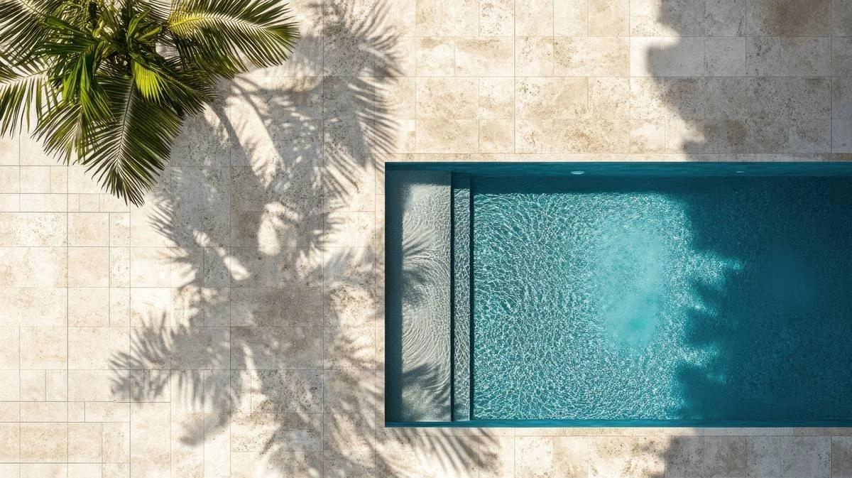 Aerial view of a rectangular pool with a built-in step beside a light stone deck crossed by palm shadows
