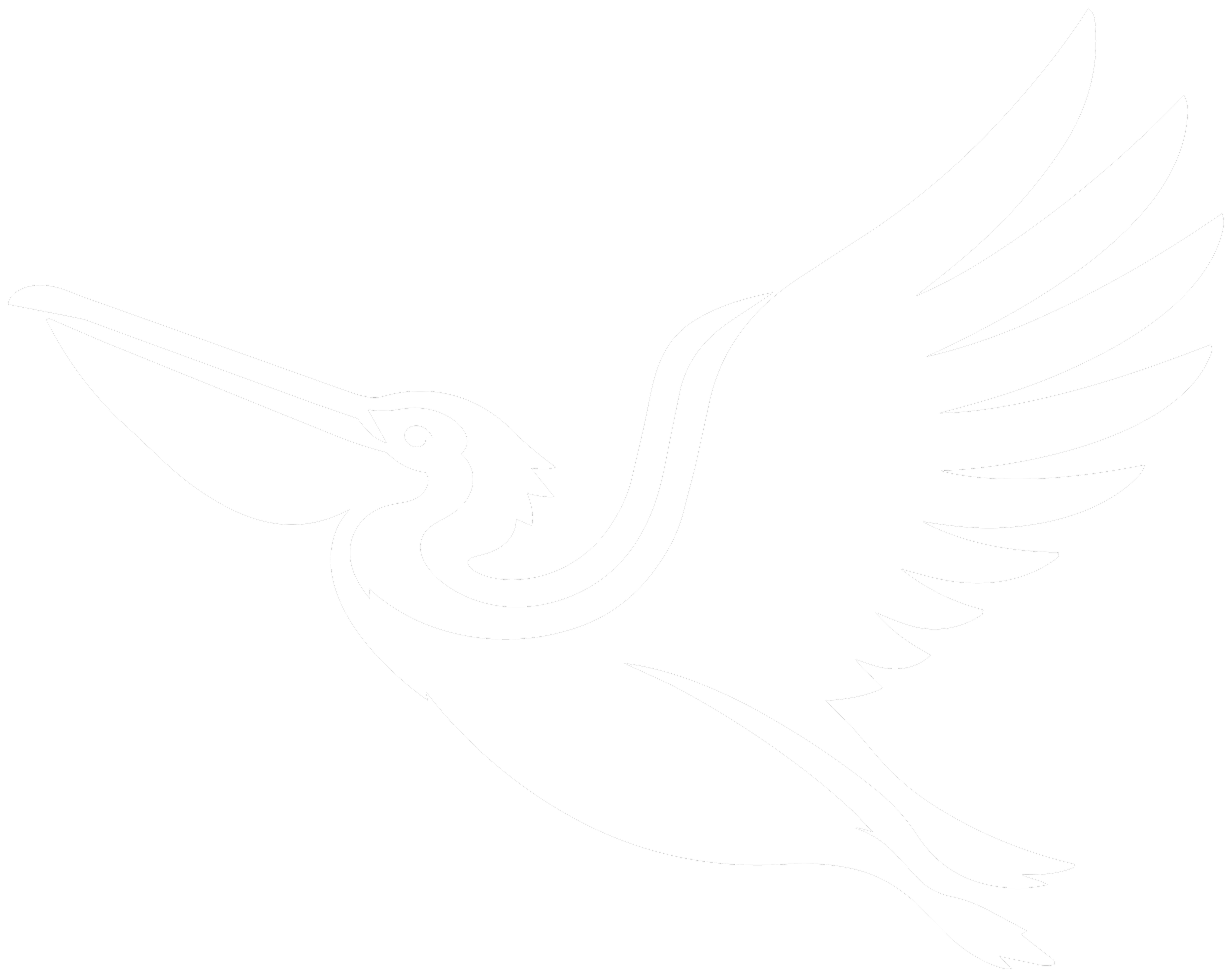 White stylized bird silhouette flying against a black background