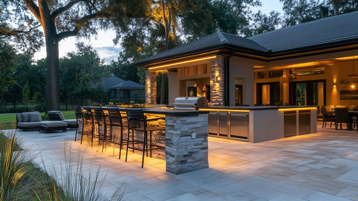 Stone outdoor kitchen and bar with under-counter lighting on a paver patio beneath oak trees at dusk