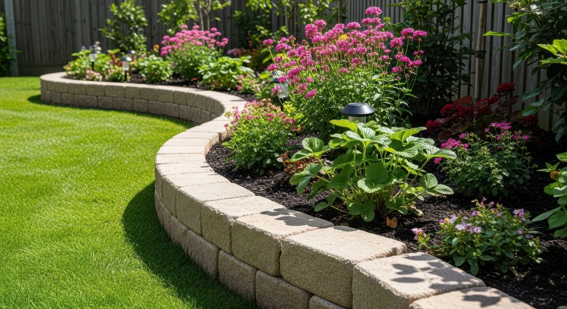 Curved block retaining wall surrounding a lush garden bed with pink flowers, greenery, lawn, and solar garden lights