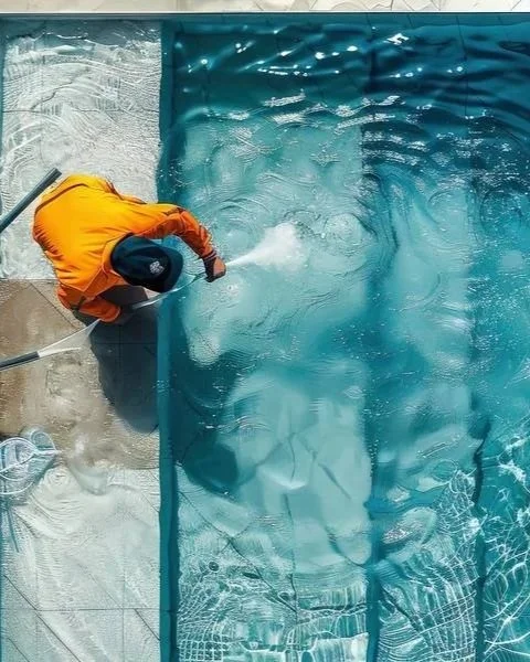 Pool technician in an orange shirt vacuuming a swimming pool from the deck