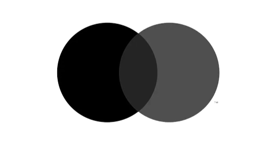 A Venn diagram with two overlapping circles, one black and one gray.