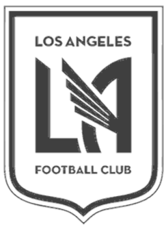 The Los Angeles Football Club logo featuring a stylized letter 'L' with a wing, within a shield, in black and gray colors.