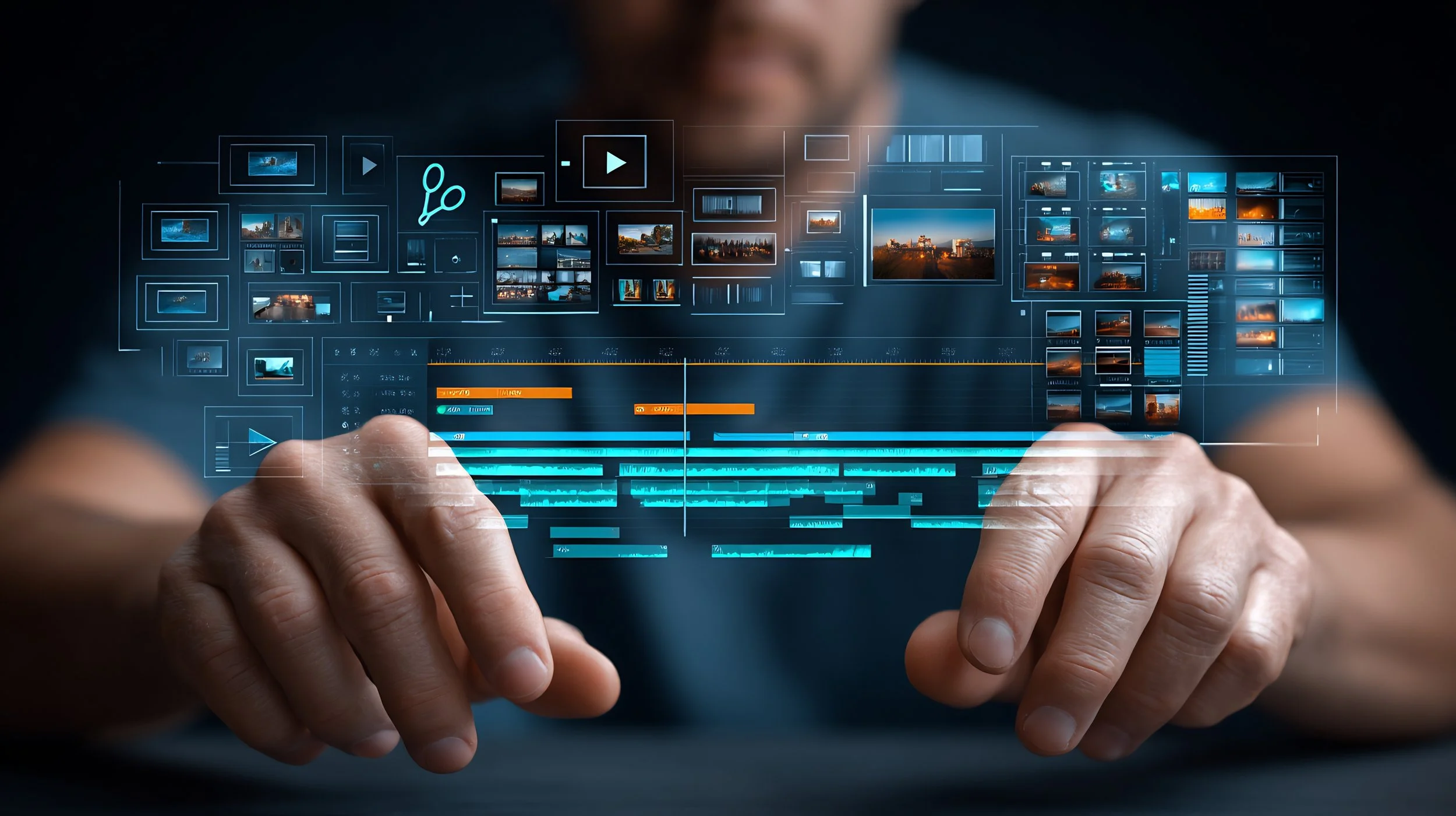 Person interacting with a futuristic digital interface displaying photo thumbnails, video clips, and editing tools.