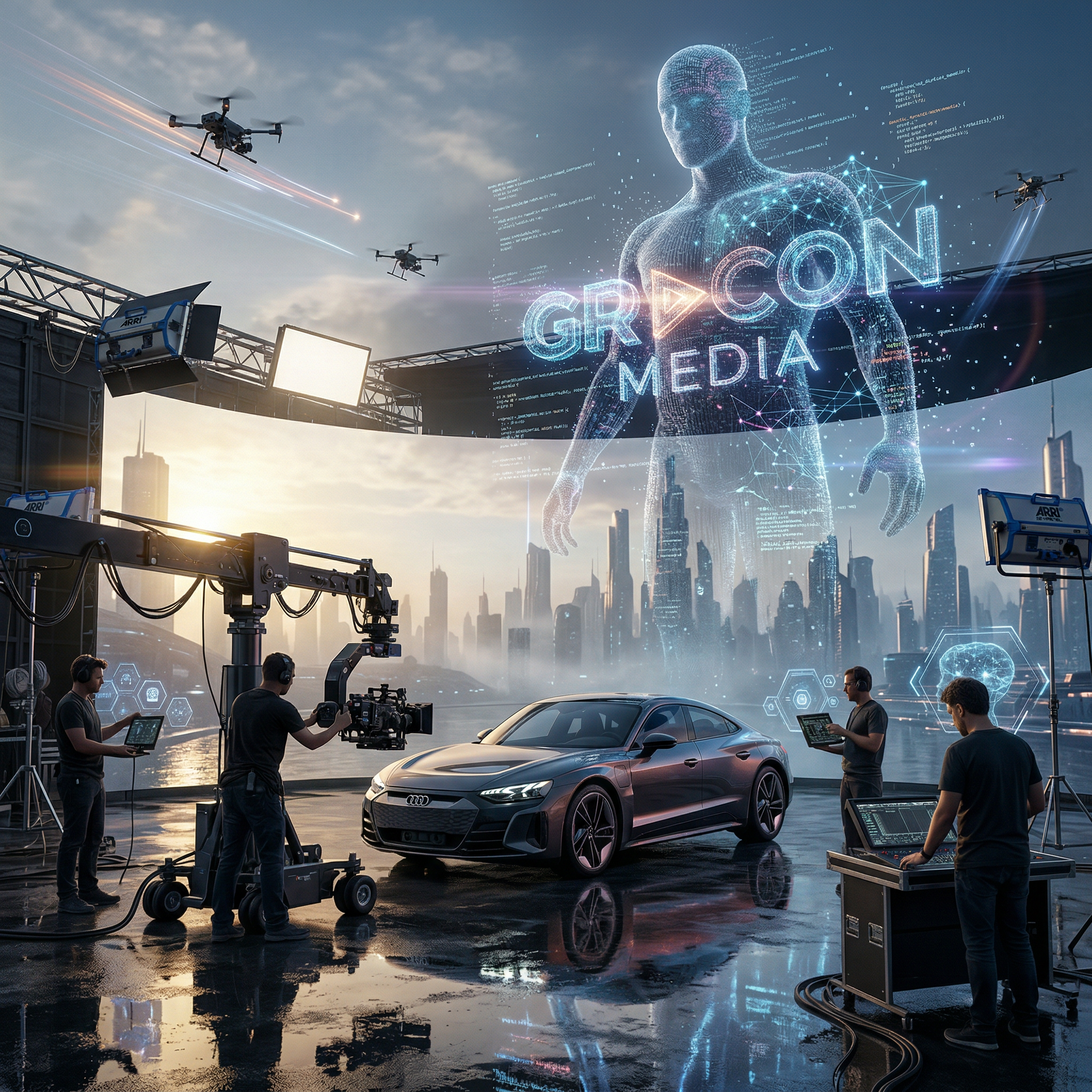 A futuristic car commercial set features a sleek black car on a wet surface with a city skyline in the background at sunset. Large holographic graphics, including a digital human figure with the words 'GROC MEDIA,' hover above the scene. Several camera operators and crew members work with filming equipment and computers, and drones fly overhead.