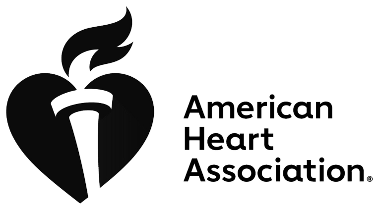 A black and white logo of the American Heart Association, featuring a heart with a torch flame on top and the words 'American Heart Association' beside it.