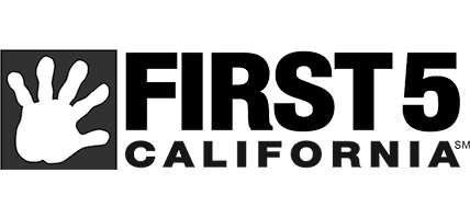 Logo featuring a white handprint on a black background with the words "First 5 California" next to it.