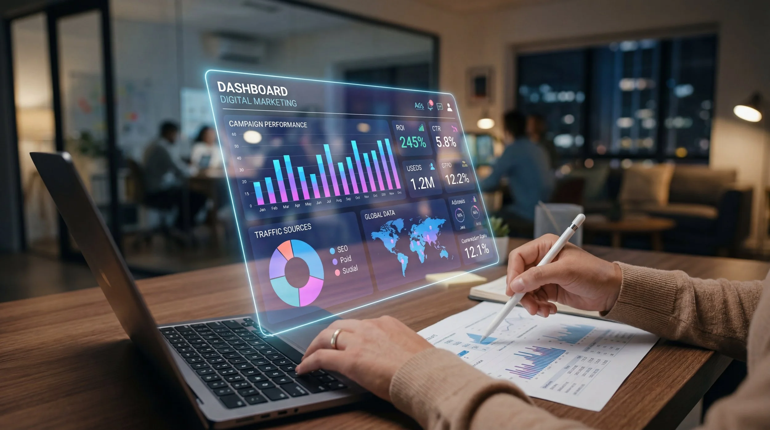 Person working on laptop with holographic digital marketing dashboard displaying charts, graphs, and data on campaign performance and traffic sources in an office setting.