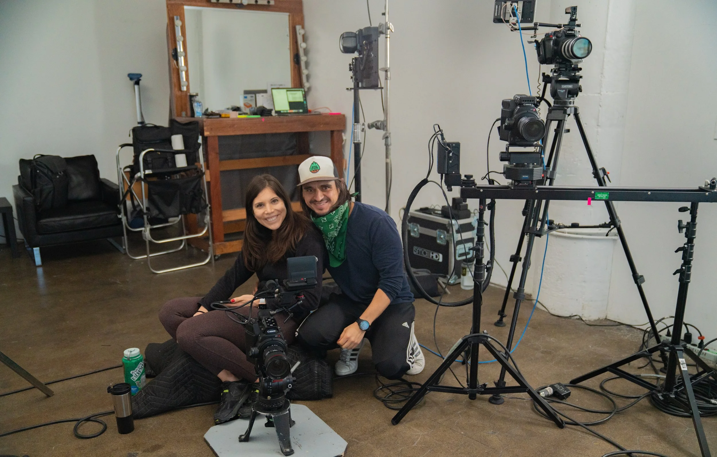Erika Contreras and Jean Luis Contreras, BTS filming a Salsa online course.