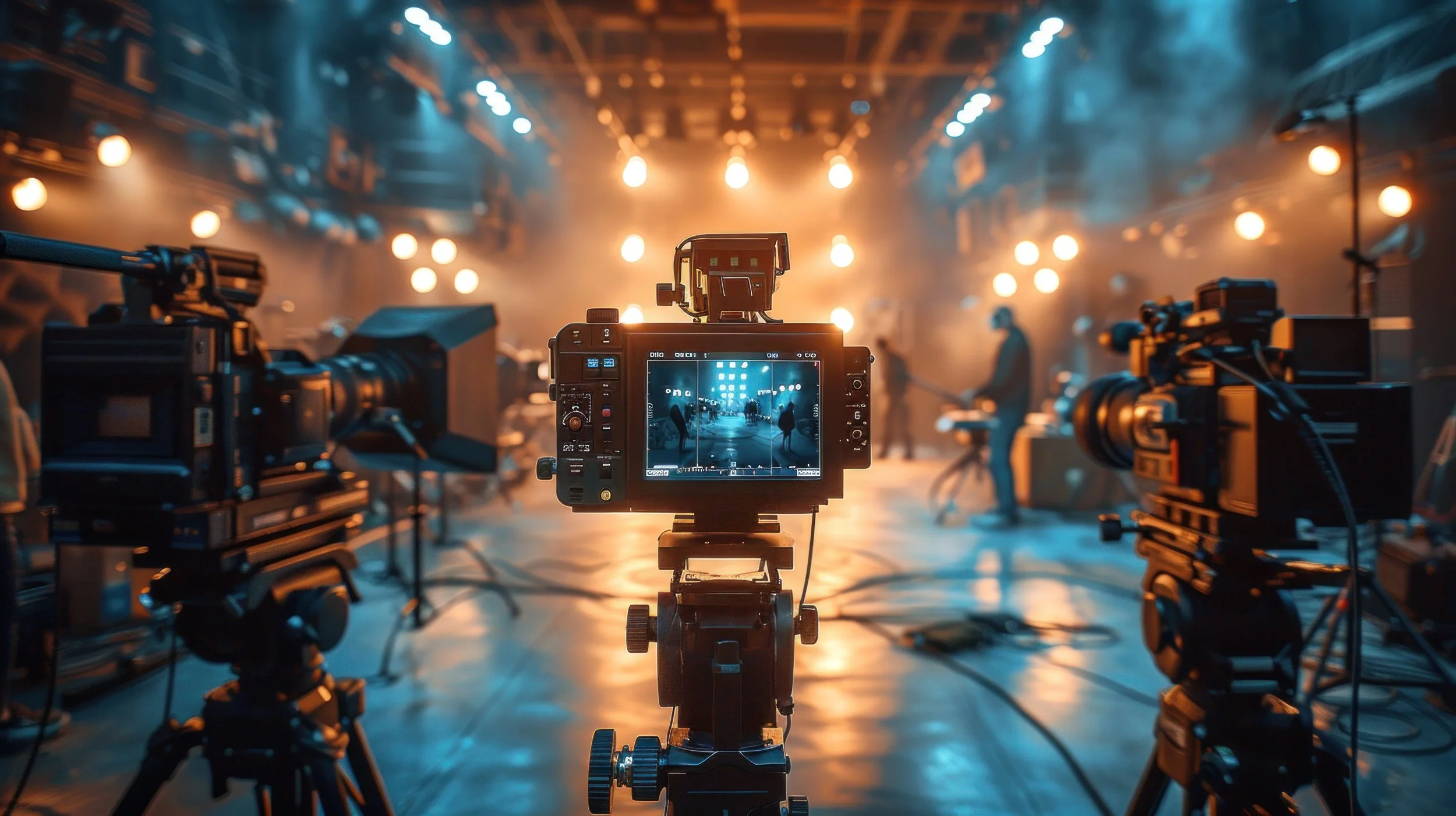 A camera on a tripod captures a scene of a stage with performers and stage lights in a studio or theater