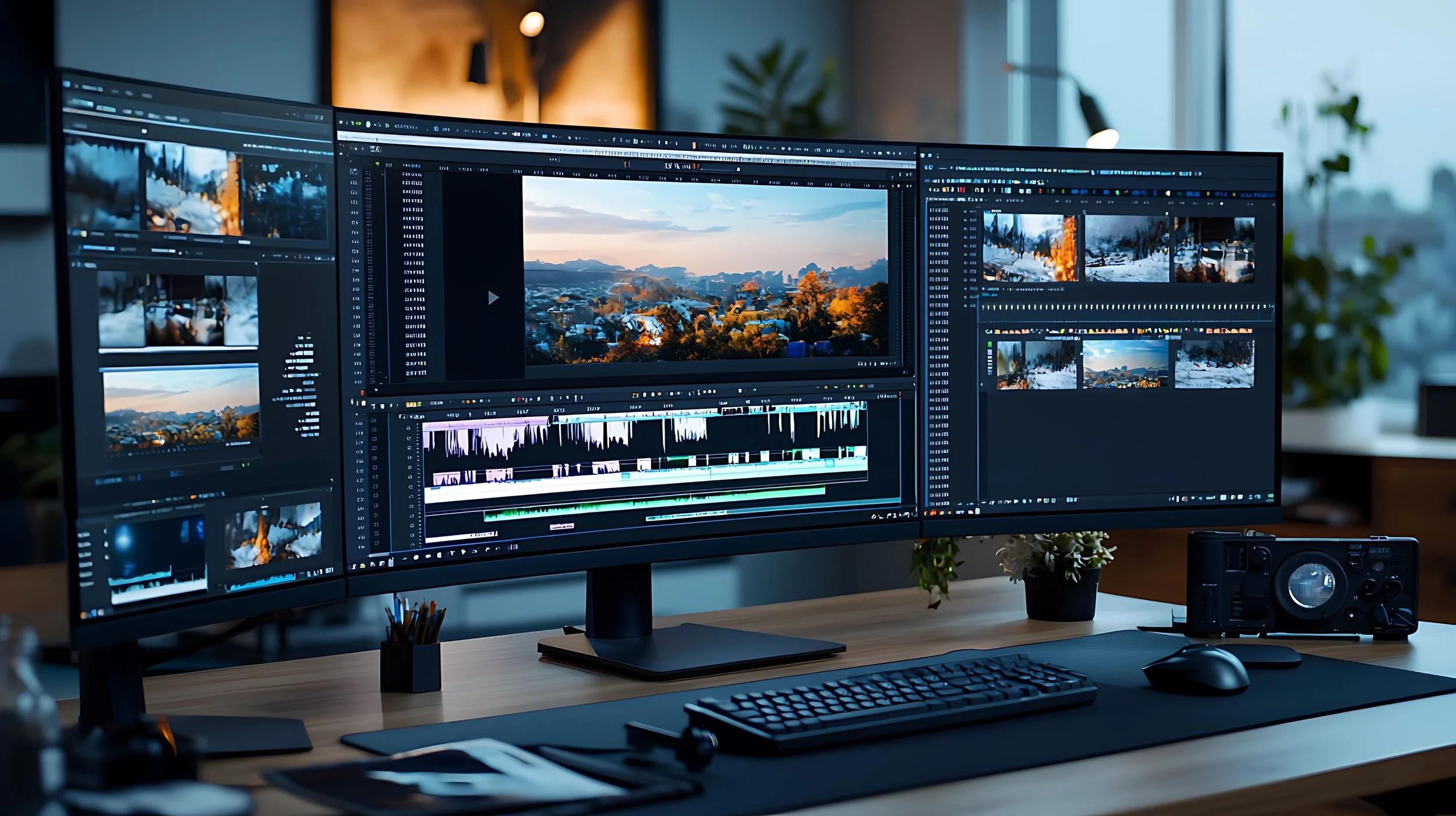 A multi-monitor computer setup on a desk with video editing software open on three screens, showing landscape footage, timelines, and editing panels. The desk has a keyboard, mouse, a small speaker, a plant, and writing utensils, with a modern office background.