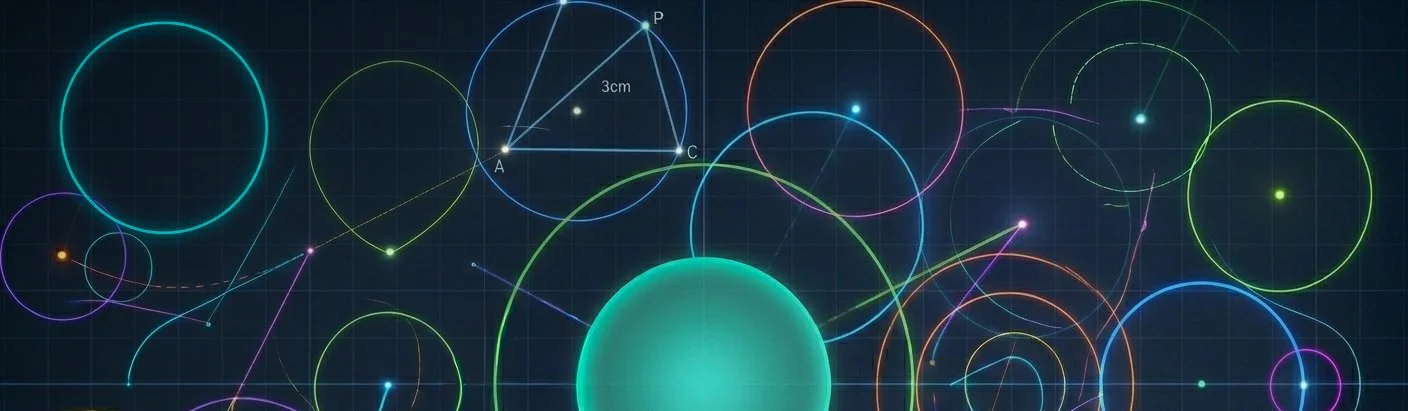 A digital illustration of colorful, glowing circles and geometric lines on a dark grid background, resembling a high-tech or futuristic interface.