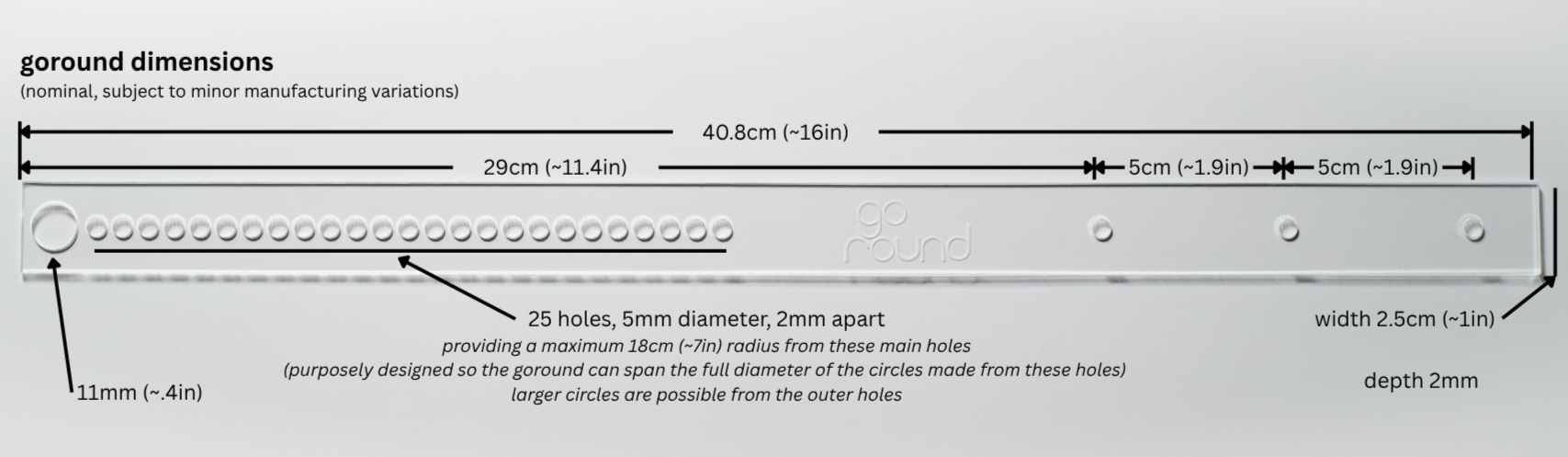 A diagram with dimensions and hole measurements for a goround compass, a straight edge for geometric constructions, showing 25 holes with 5mm diameter, 2mm apart, and specific spacing details.