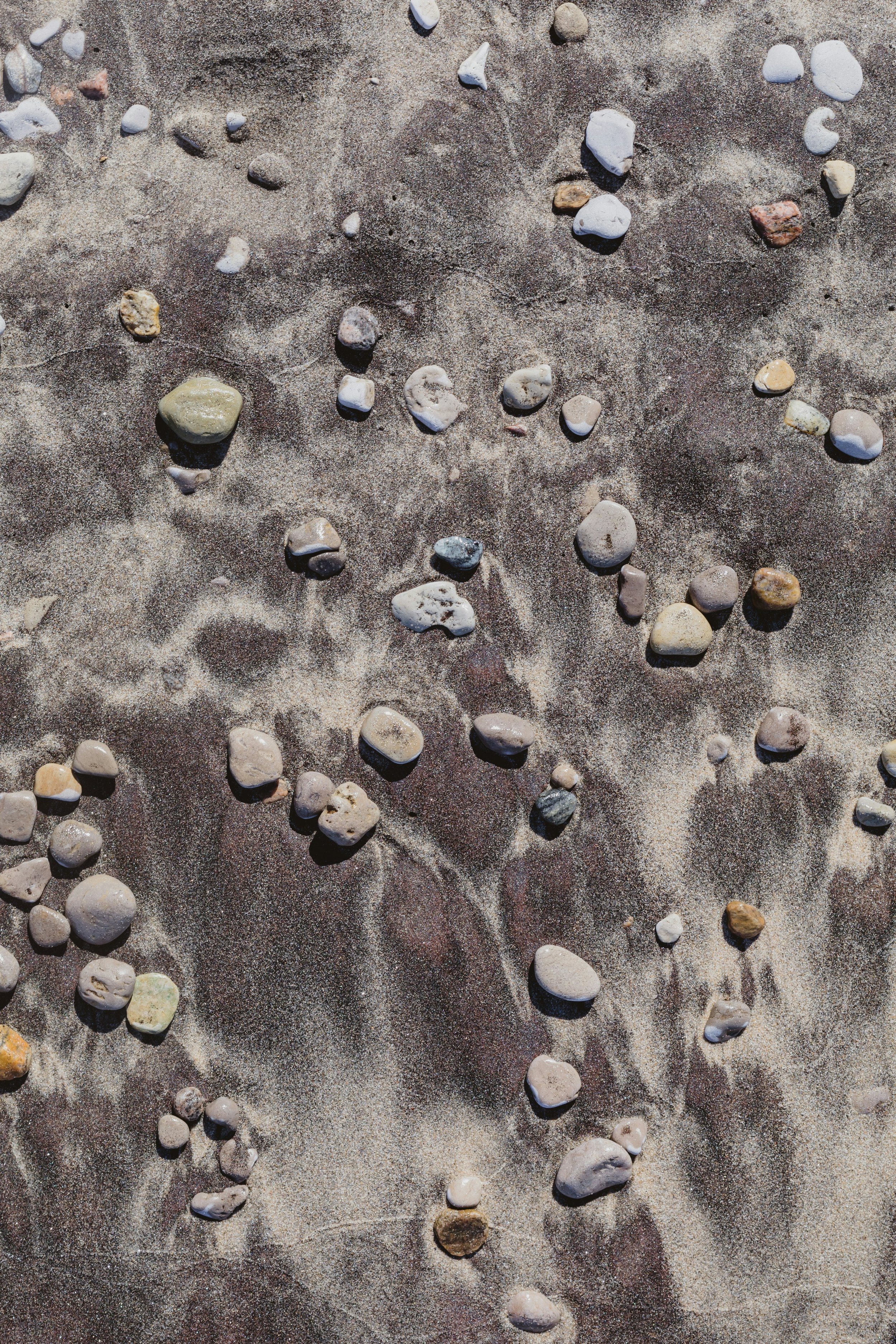 Sand with scattered small rocks and pebbles of various colors and sizes.