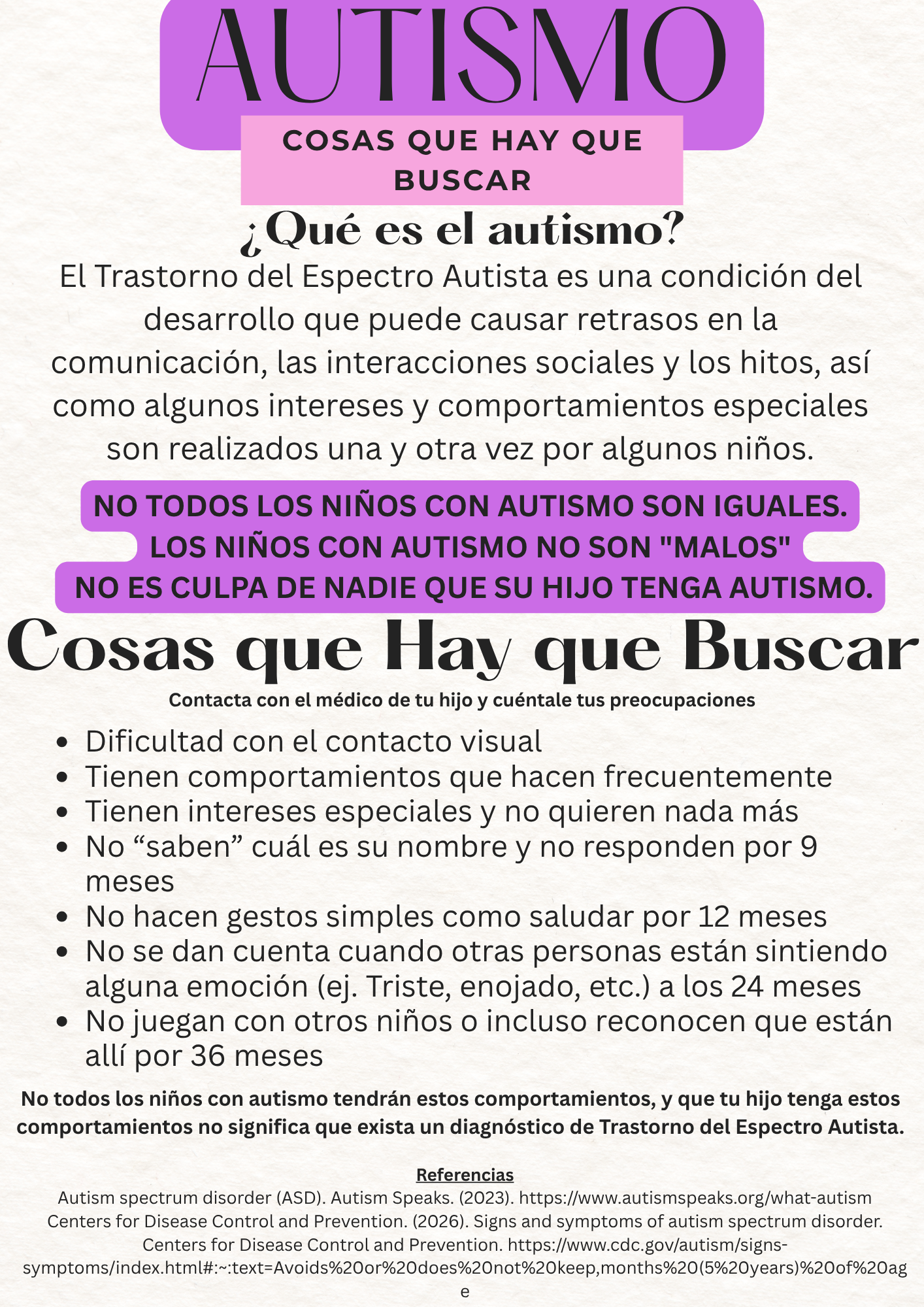 An educational infographic in Spanish about autism, including facts and misconceptions, with sections highlighted in purple and pink, and bullet points listing behaviors and characteristics associated with autism.