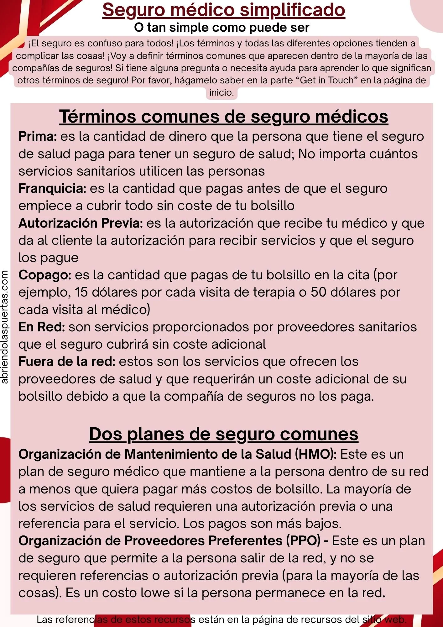 A document explaining simple medical insurance terms in Spanish, including definitions for 'Prima', 'Franquicia', 'Autorización Previa', 'Copago', and descriptions of common insurance plans and providers.