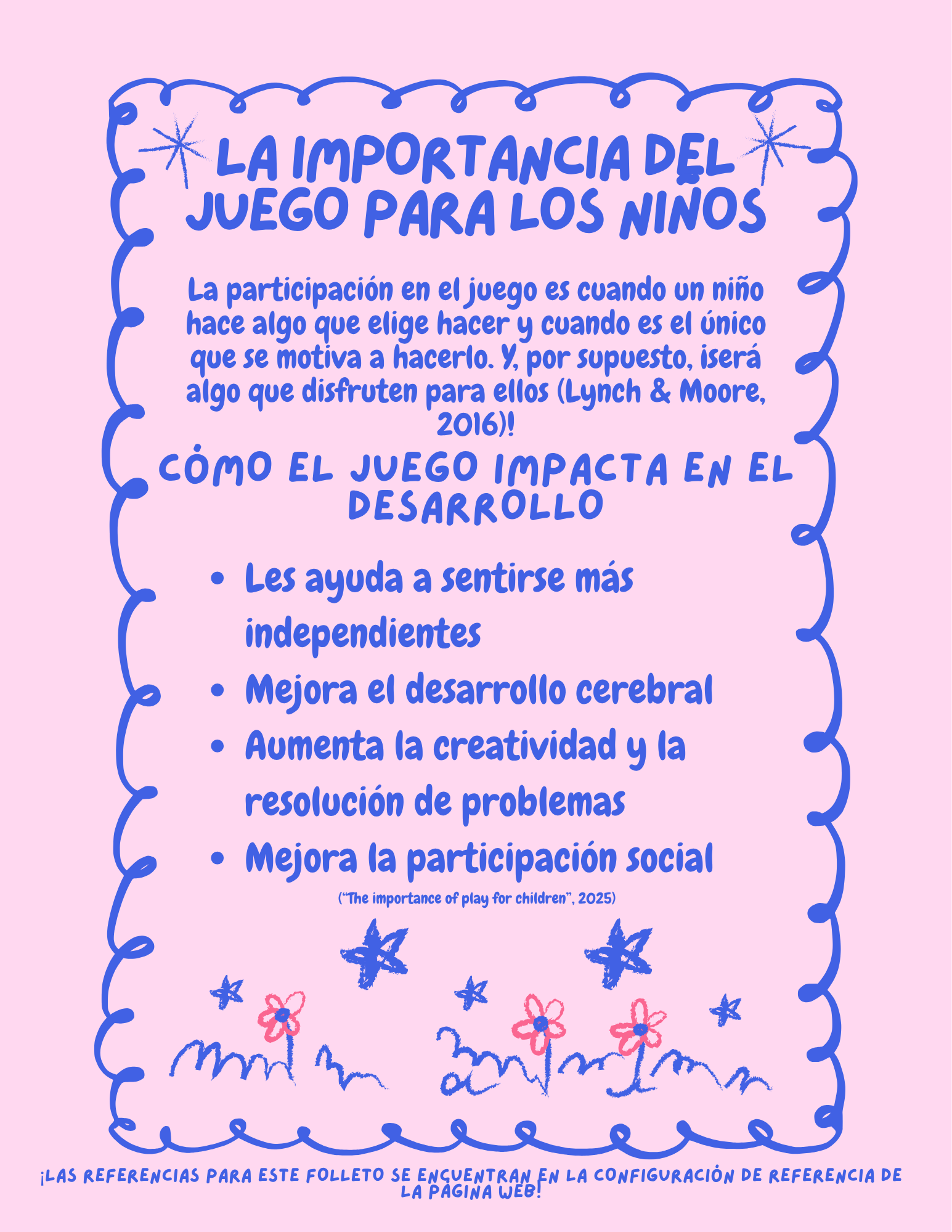 Informational flyer with pink background and blue decorative border, discussing the importance of play for children, including benefits like increased independence, cognitive development, social participation, and problem-solving skills, with illustrations of stars, flowers, and a heart.