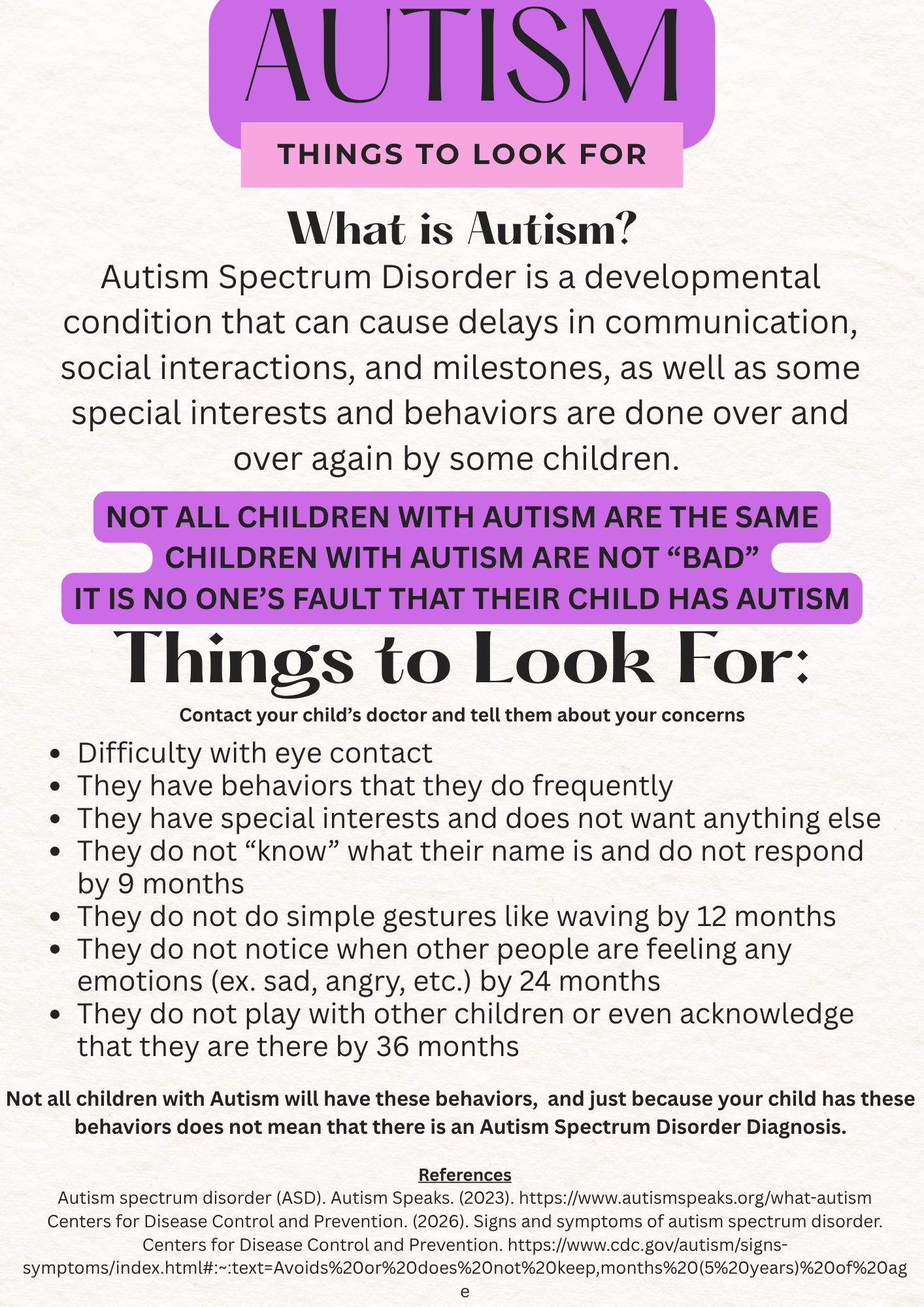 Informational page titled "Autism Things to Look For" with a section explaining what autism spectrum disorder is, common behaviors, and advice for parents. Uses purple and pink highlights, and contains bullet points about various behaviors and developmental milestones.