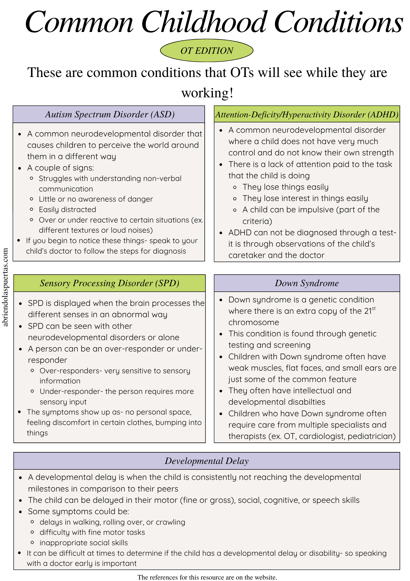 A chart of common childhood conditions including Autism Spectrum Disorder, Attention-Deficit/Hyperactivity Disorder, Sensory Processing Disorder, Down Syndrome, and Developmental Delay, with descriptions of each.