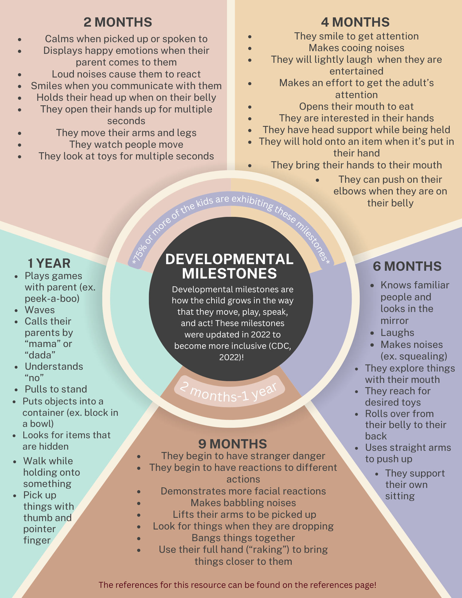 A colorful infographic displaying developmental milestones for children at various ages: 2 months, 4 months, 6 months, 9 months, and 1 year. It contains icons and bullet points describing typical behaviors and skills children may exhibit at each stage.