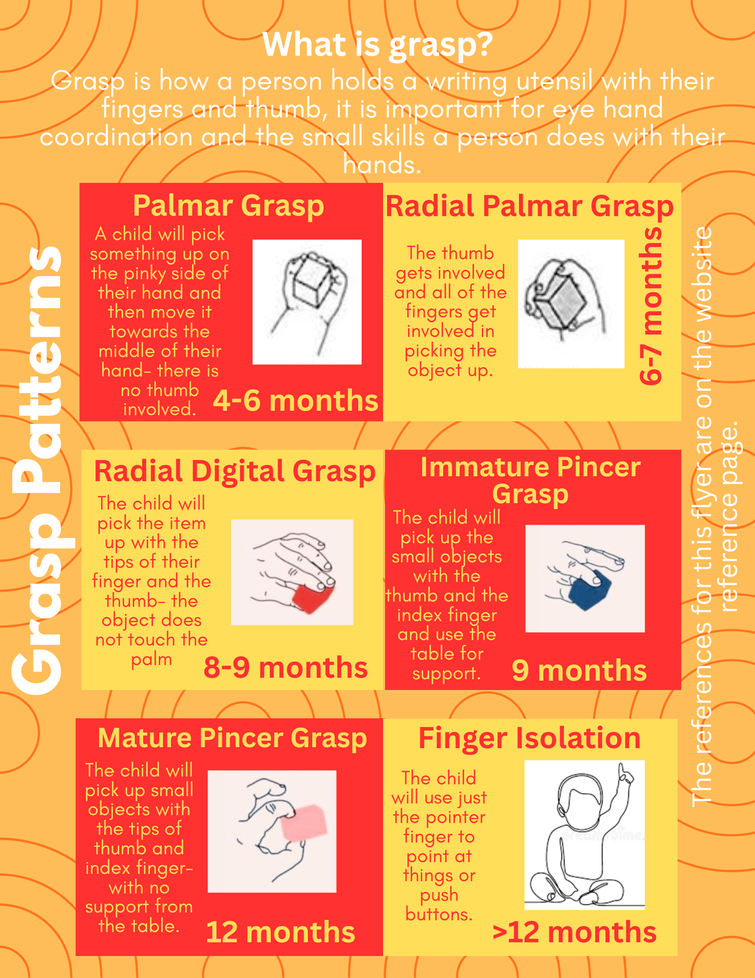 An educational infographic explaining the different stages of grasp development in children, including descriptions and illustrations of various types of grasps and the ages at which they typically occur.