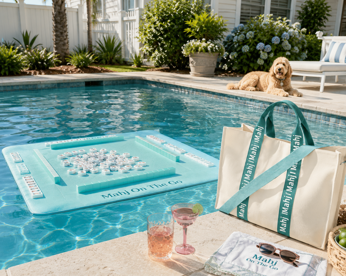 A backyard swimming pool scene with a mahjong game on a floating mat in the water. A beige tote bag with teal straps and a matching towel are on the poolside. Two drinks, one with a lime wedge, sit on the edge. A happy golden doodle dog lies on the pool deck near potted plants and a lounge chair with striped cushion.