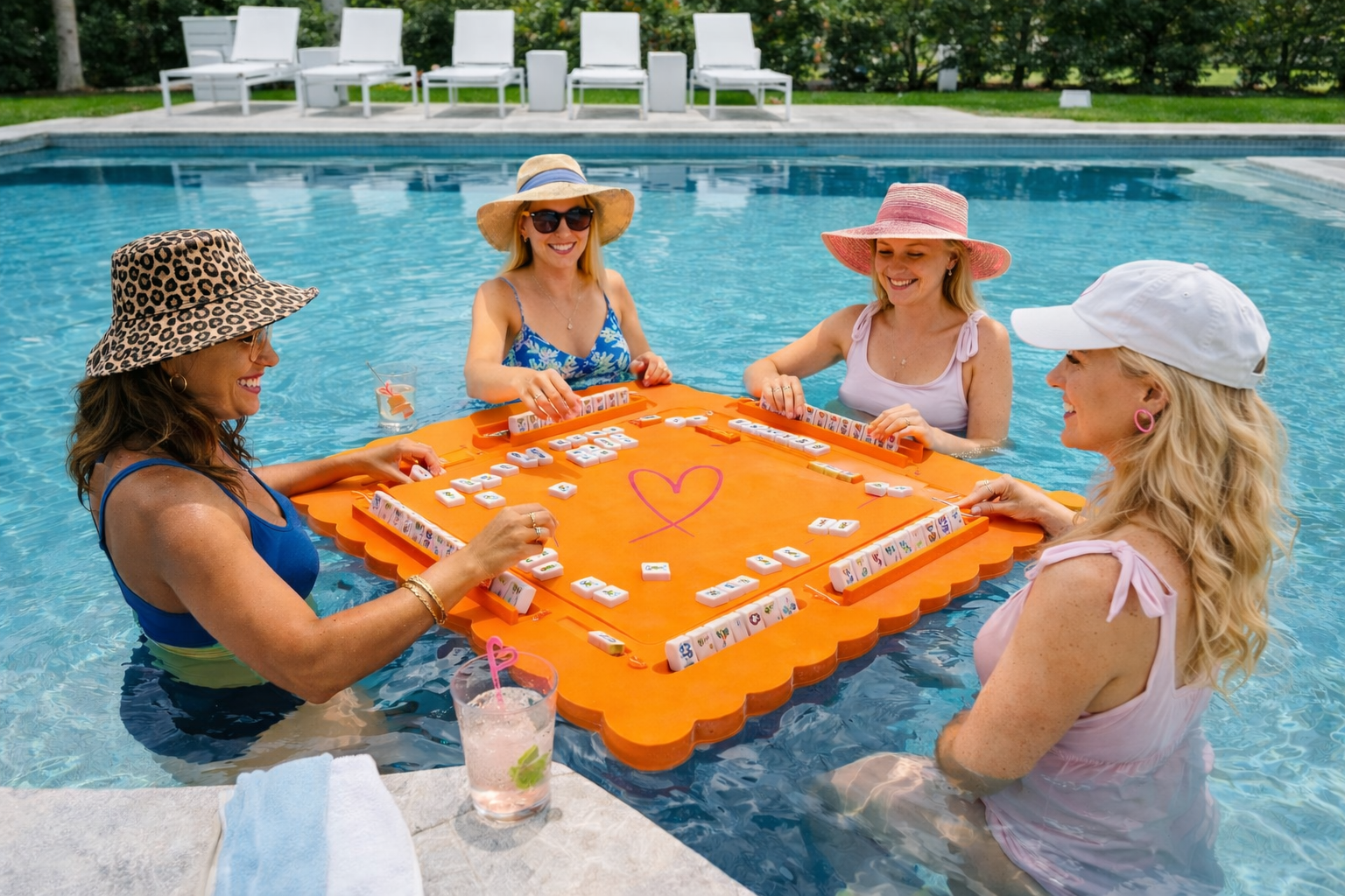 Four women are playing a game of Mahjong in a swimming pool, with the pool edge and lounge chairs visible in the background.