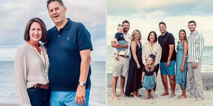 Two photos of family groups on the beach, smiling and enjoying a sunny day.