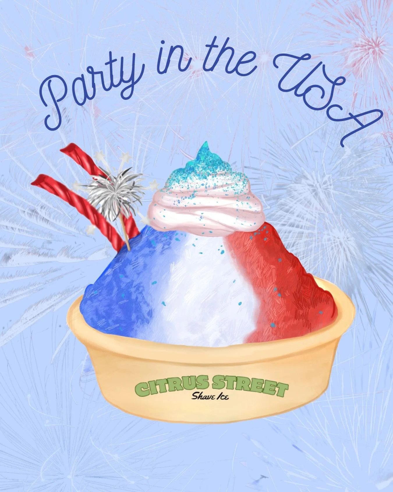 July&rsquo;s special, because 250 calls for a Party in the USA 🇺🇸 

Rolling out this special in both regular and sugar free! 

We are talking blue raspberry, coconut and strawberry topped with whipped cream, Twizzlers and popping off with Pop Rocks
