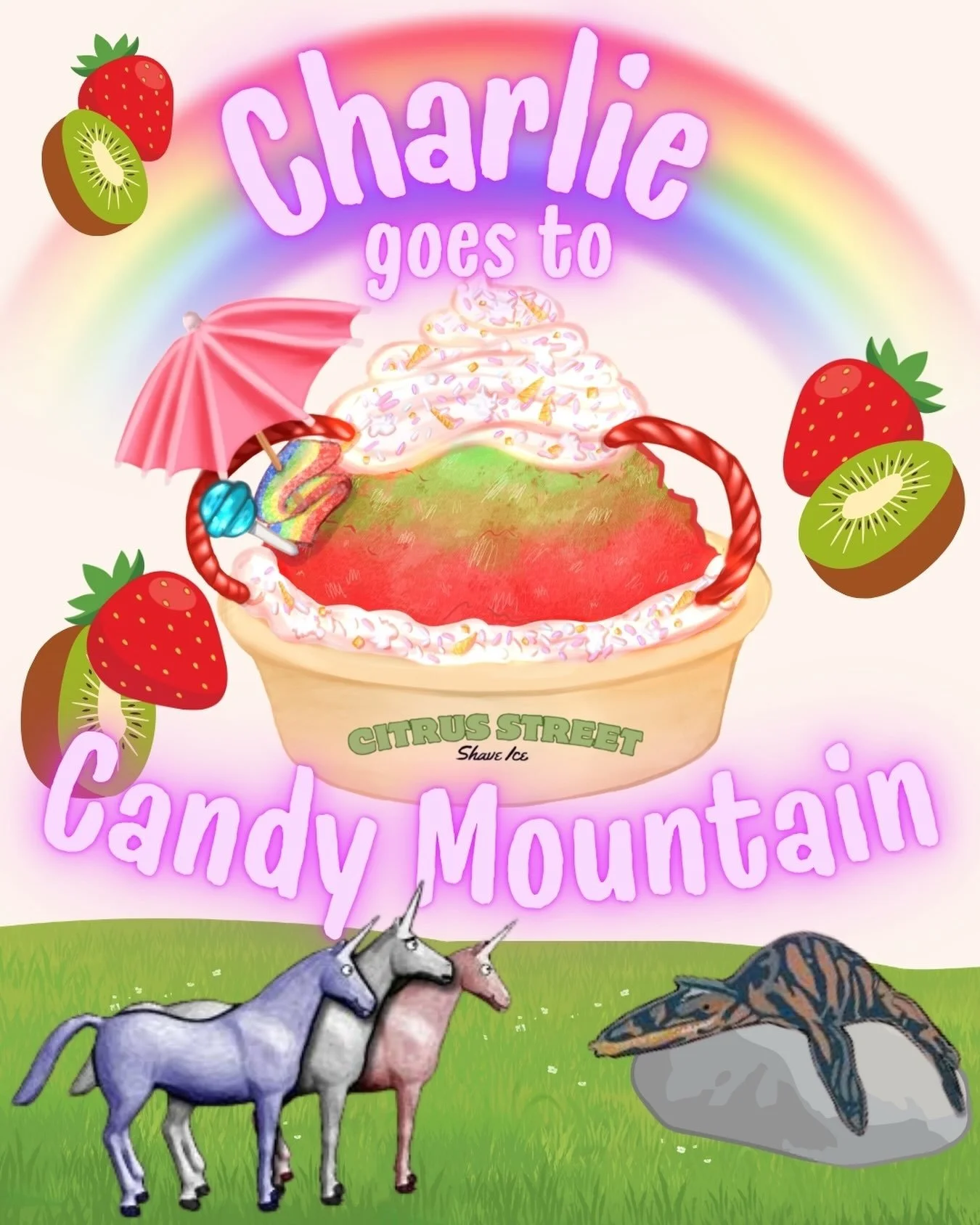 August flavor of the month 🦄🍭🦄 Charlie goes to Candy Mountain ✨

Shun the none believers Charlie, because this one is sure to take you back!

Strawberry Kiwi flavors over top our fluffy shave ice, topped with all the candies of Candy Mountain, whi
